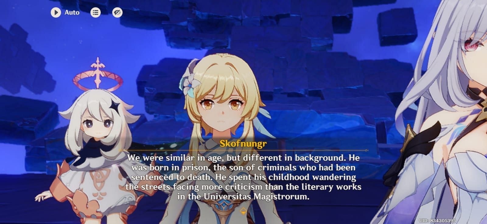 Skofnungr (one of Surtalogi's friends and followers) explaining Surtalogi's origins (Image via HoYoverse)